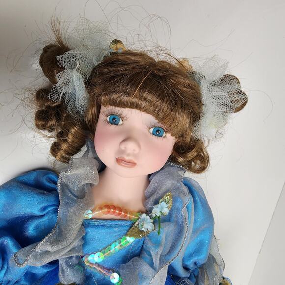 Sweet Ballerina with Teddy Bear 18" Dressed in Blue Satin & Tulle Porcelain Doll - Picture 13 of 14